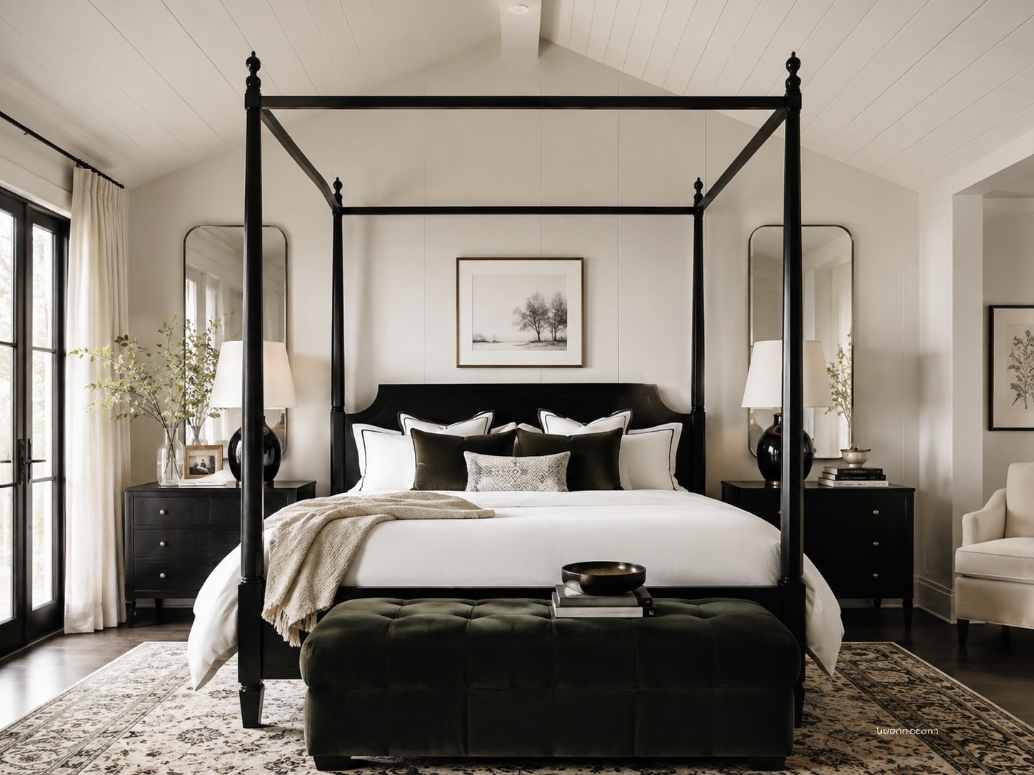 Farmhouse bedroom decor idea featuring a black iron four-poster canopy bed against white shiplap