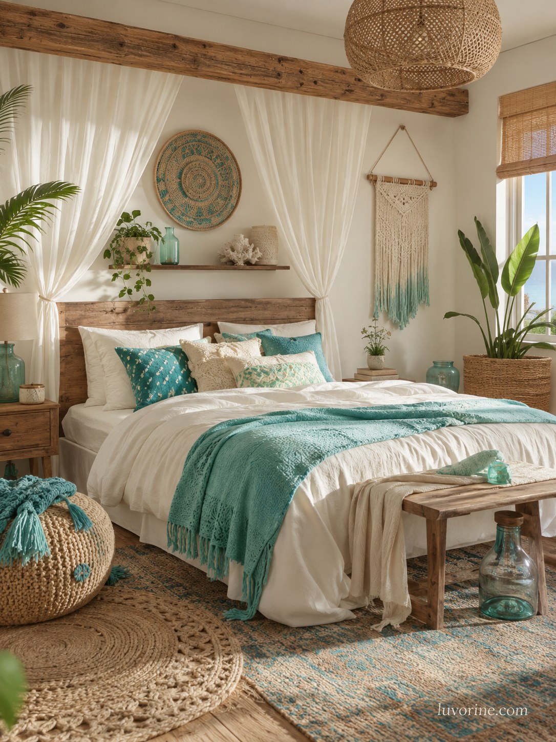 Coastal farmhouse bedroom decor idea layering turquoise accents with jute rugs and macrame