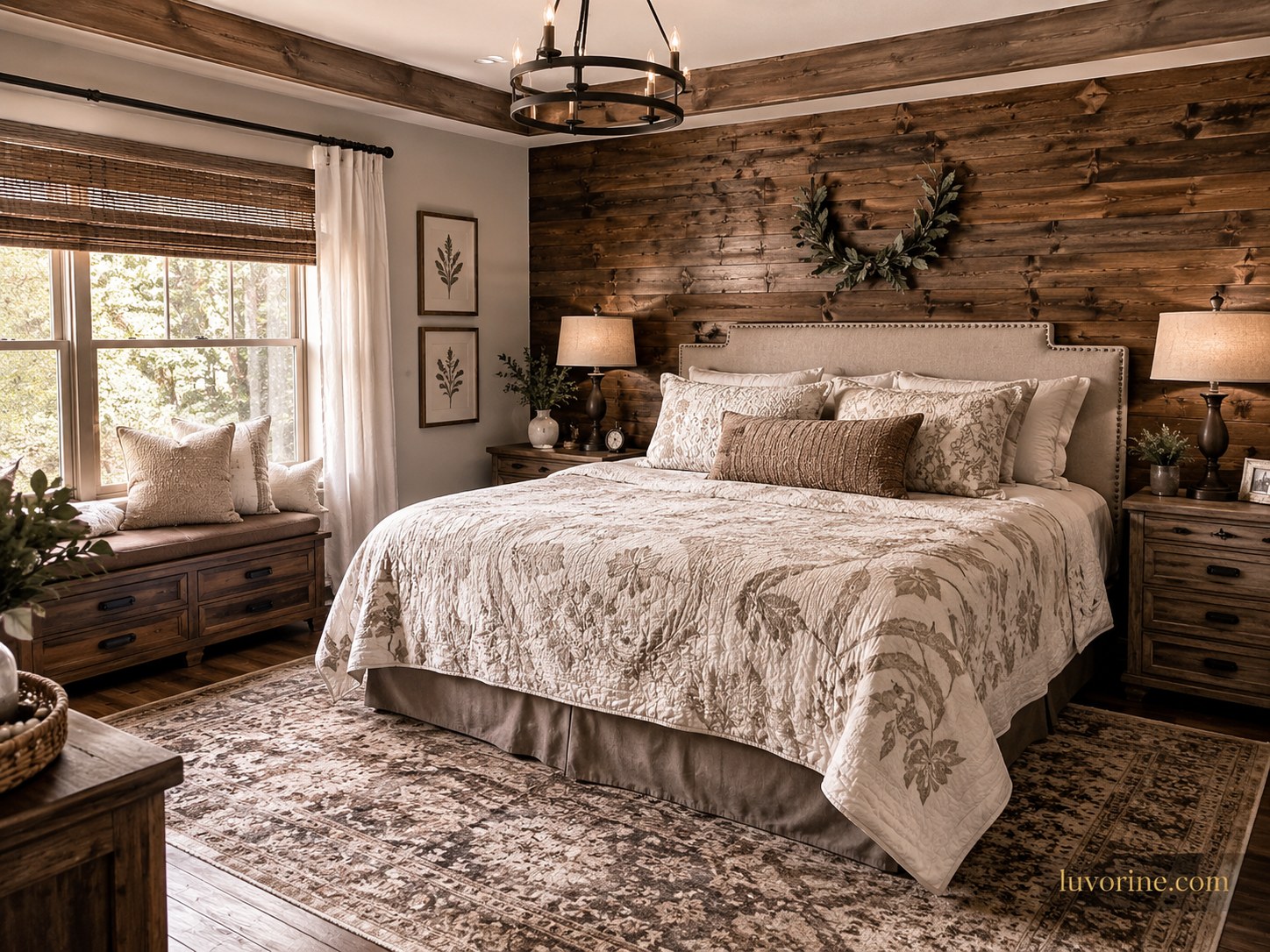 Farmhouse bedroom decor idea with a full reclaimed wood plank wall behind a nailhead headboard