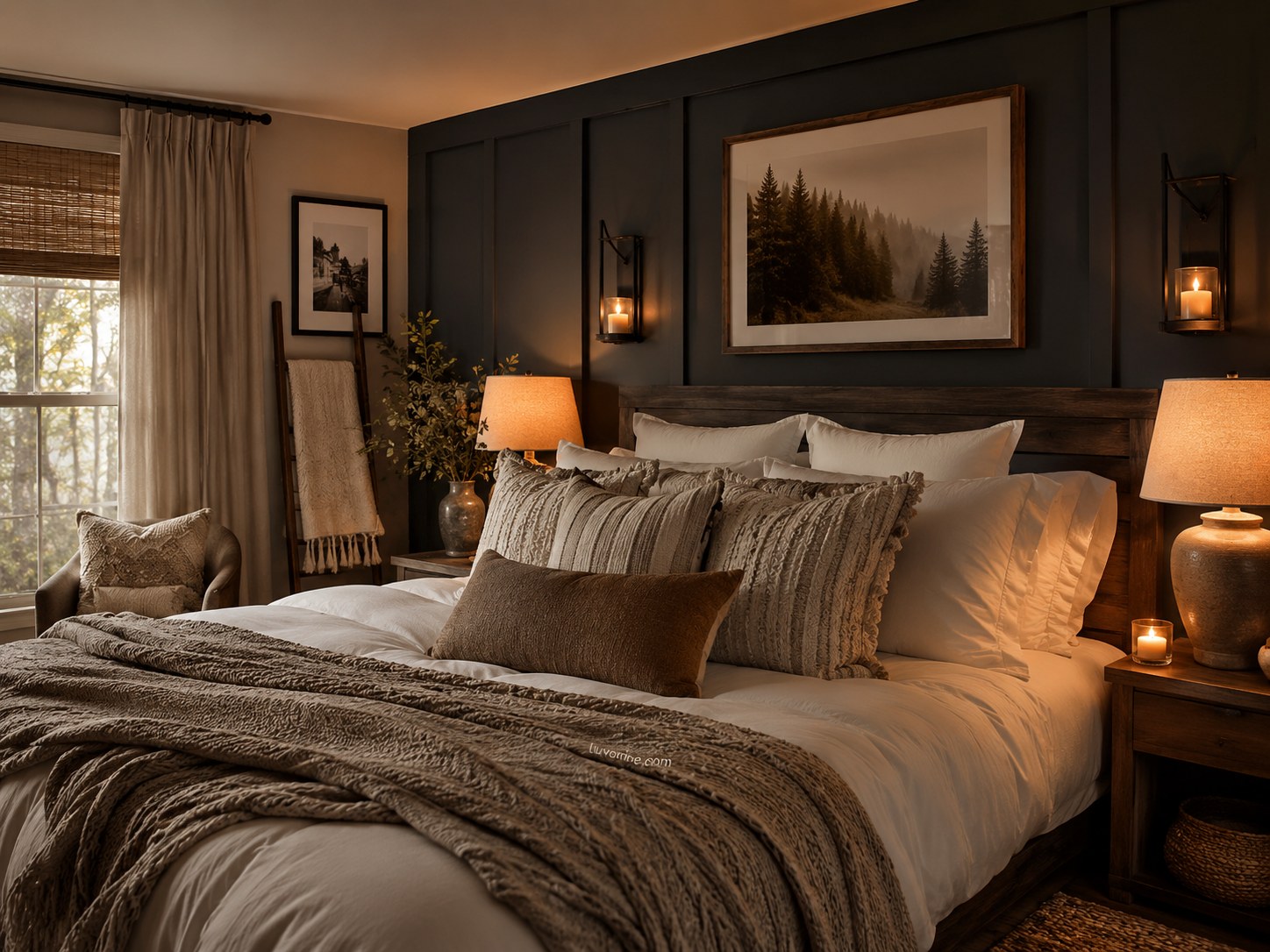 Farmhouse bedroom decor idea with a dark board-and-batten accent wall and warm sconce lighting