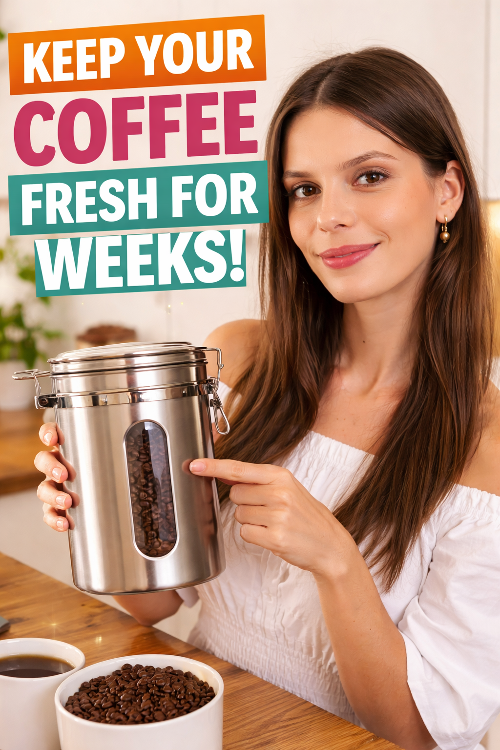 6. Veken Coffee Canister with Window,Airtight Stainless Steel Pantry Container,Home Kitchen Food Storage Organizers for Ground,B