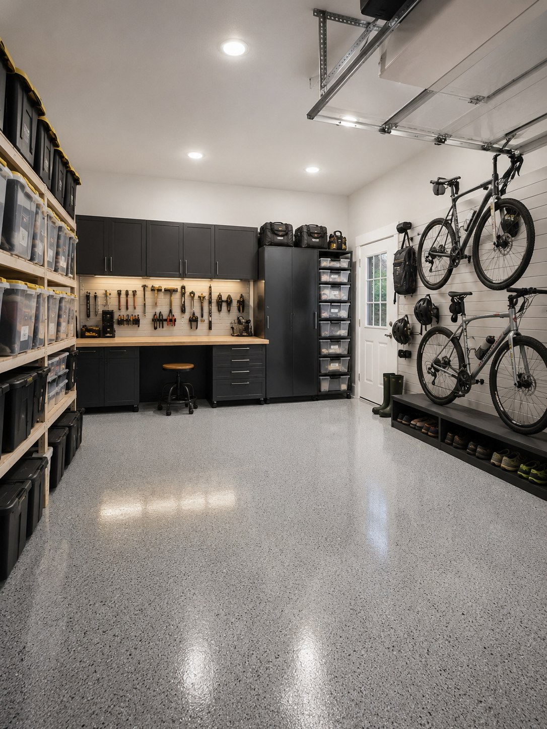 Dark garage cabinetry with a workbench and clear bin drawers, plus wall-mounted bikes as garage storage ideas for gear
