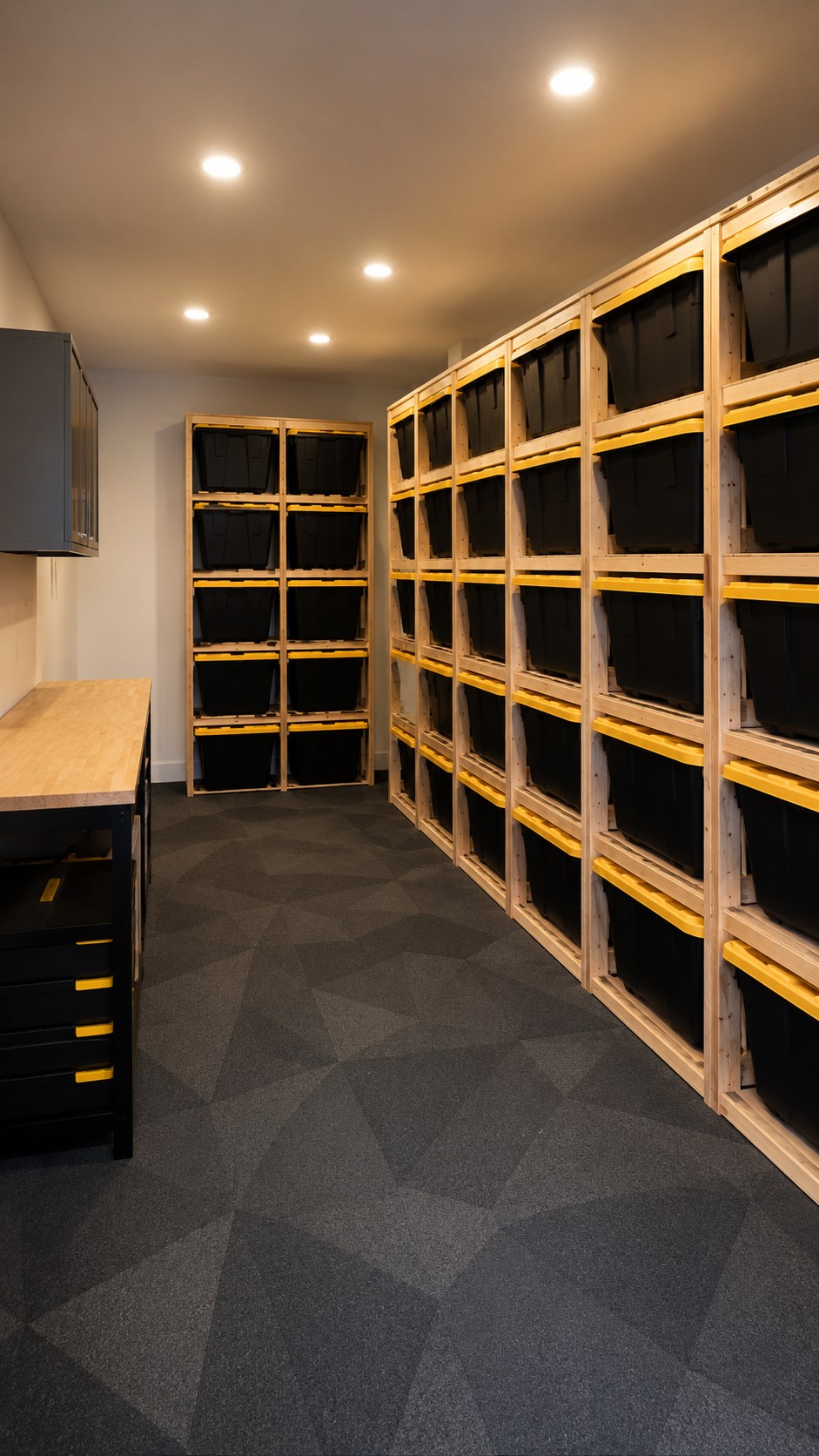 Custom wood-framed shelving wall stacked with matching black bins as a high-volume garage storage idea