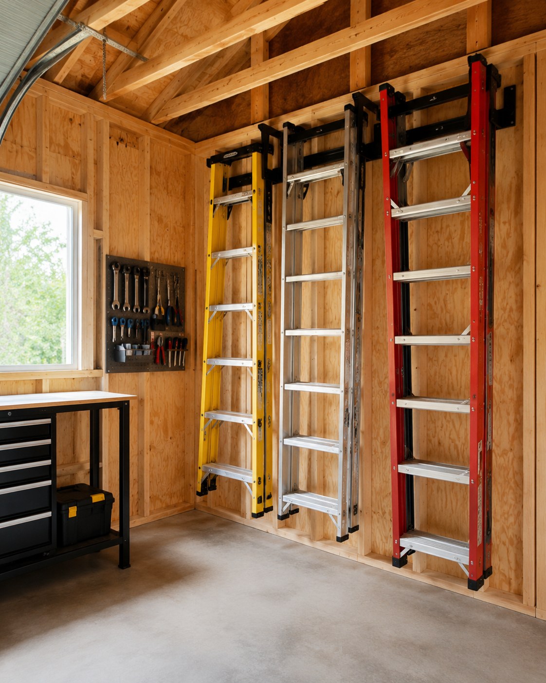 Vertical wall brackets holding three ladders flat against studs, a space-saving garage storage idea