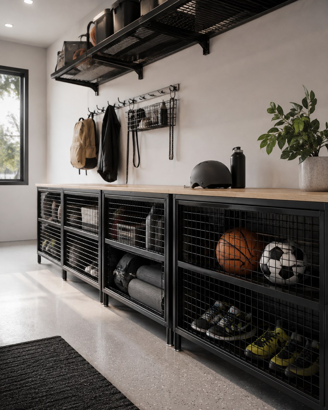 Wire-mesh front garage storage cabinets holding sports gear with a hook rail above for bags and jackets