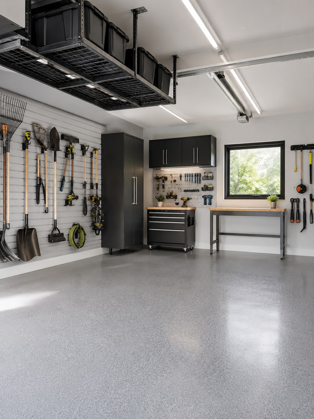 Overhead ceiling storage rack paired with slatwall tool hooks, showing garage storage ideas that use vertical space