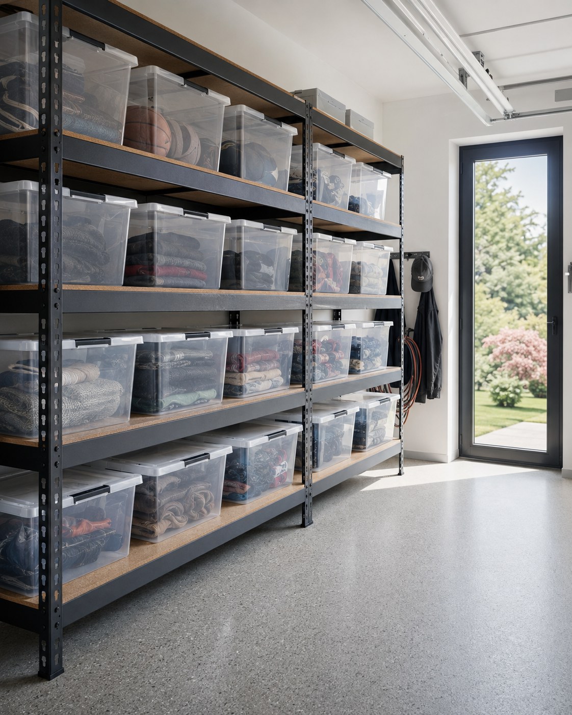 Boltless metal shelving unit filled with labeled clear plastic bins, a budget-friendly garage storage idea