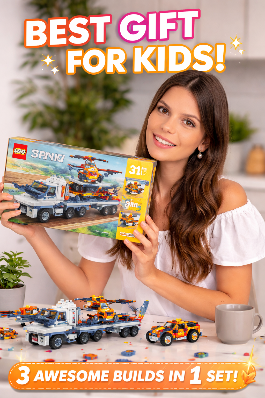 6. LEGO Creator 3 in 1 Flatbed Truck with Helicopter for Girls Boys Ages