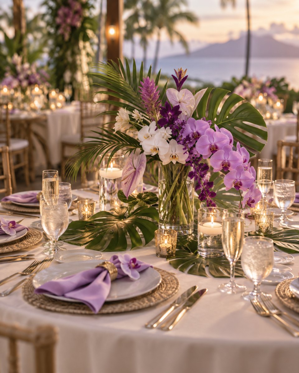 Lavender palm green tropical wedding decor
