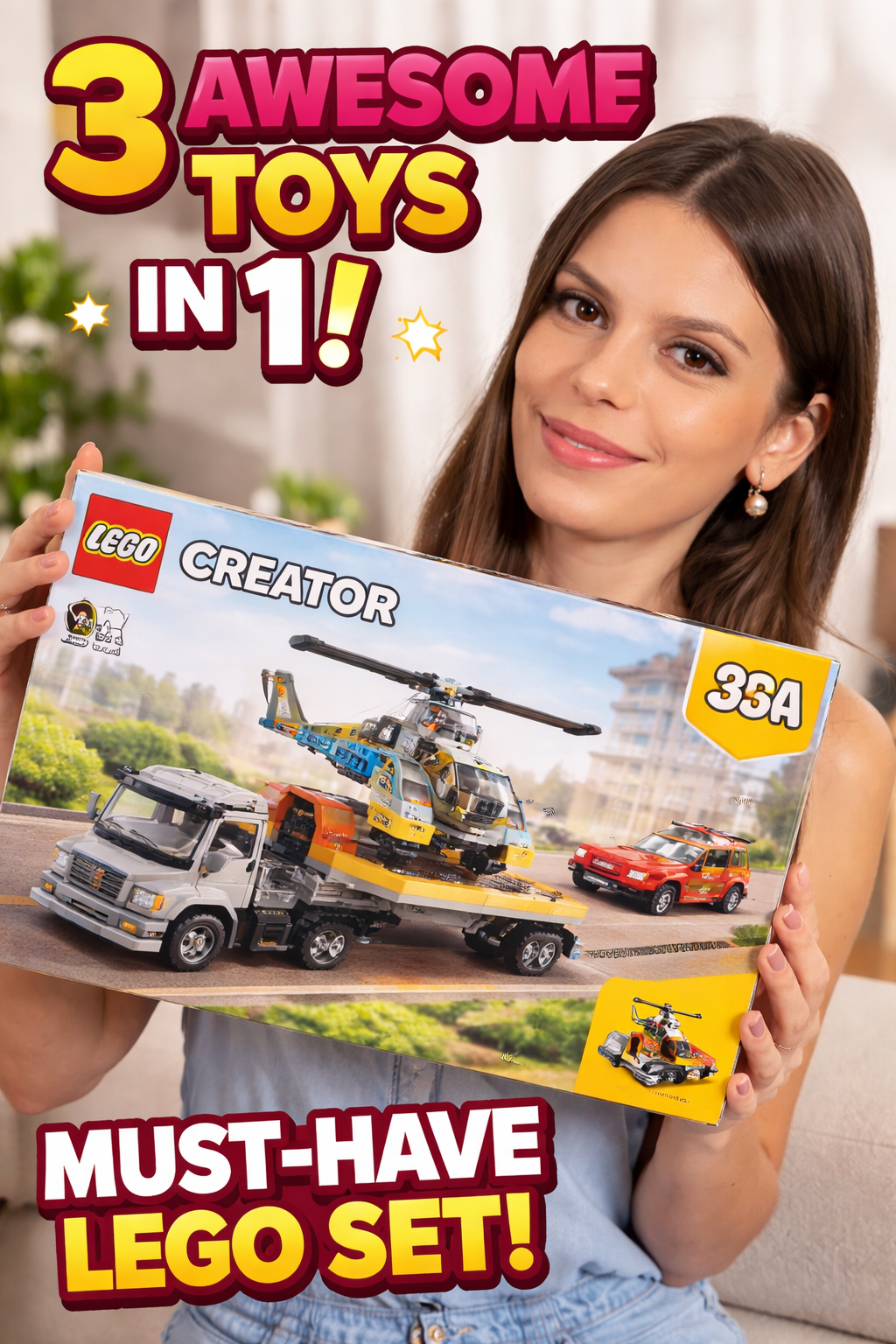 6. LEGO Creator Flatbed Truck 3-in-1 with Helicopter Set