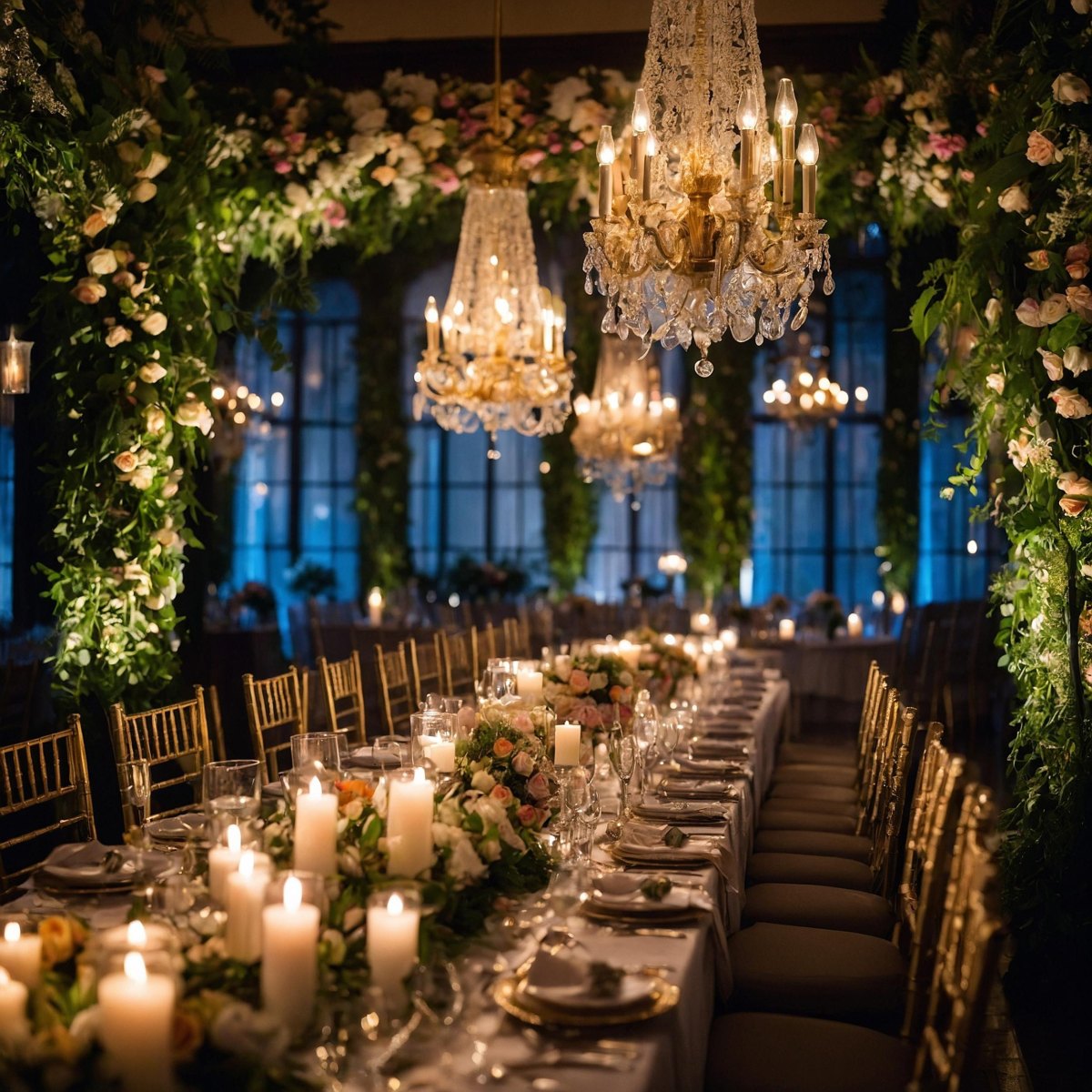 Luxury candlelit wedding reception ambience
