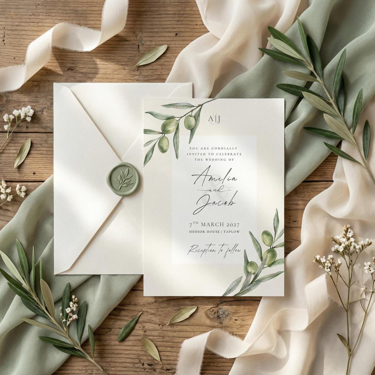 Minimalist earthy wedding invitation suite