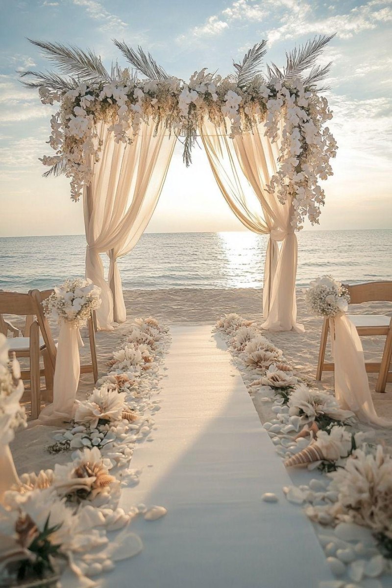 Neutral sand champagne beach wedding decor