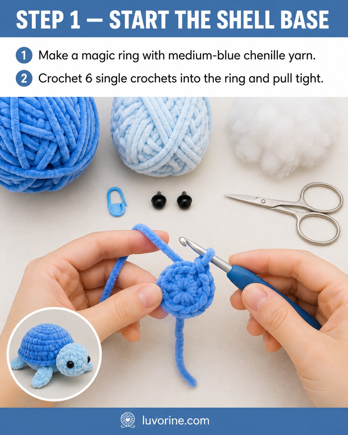 Hands starting a magic ring in medium-blue chenille yarn for a no-sew plush turtle shell base