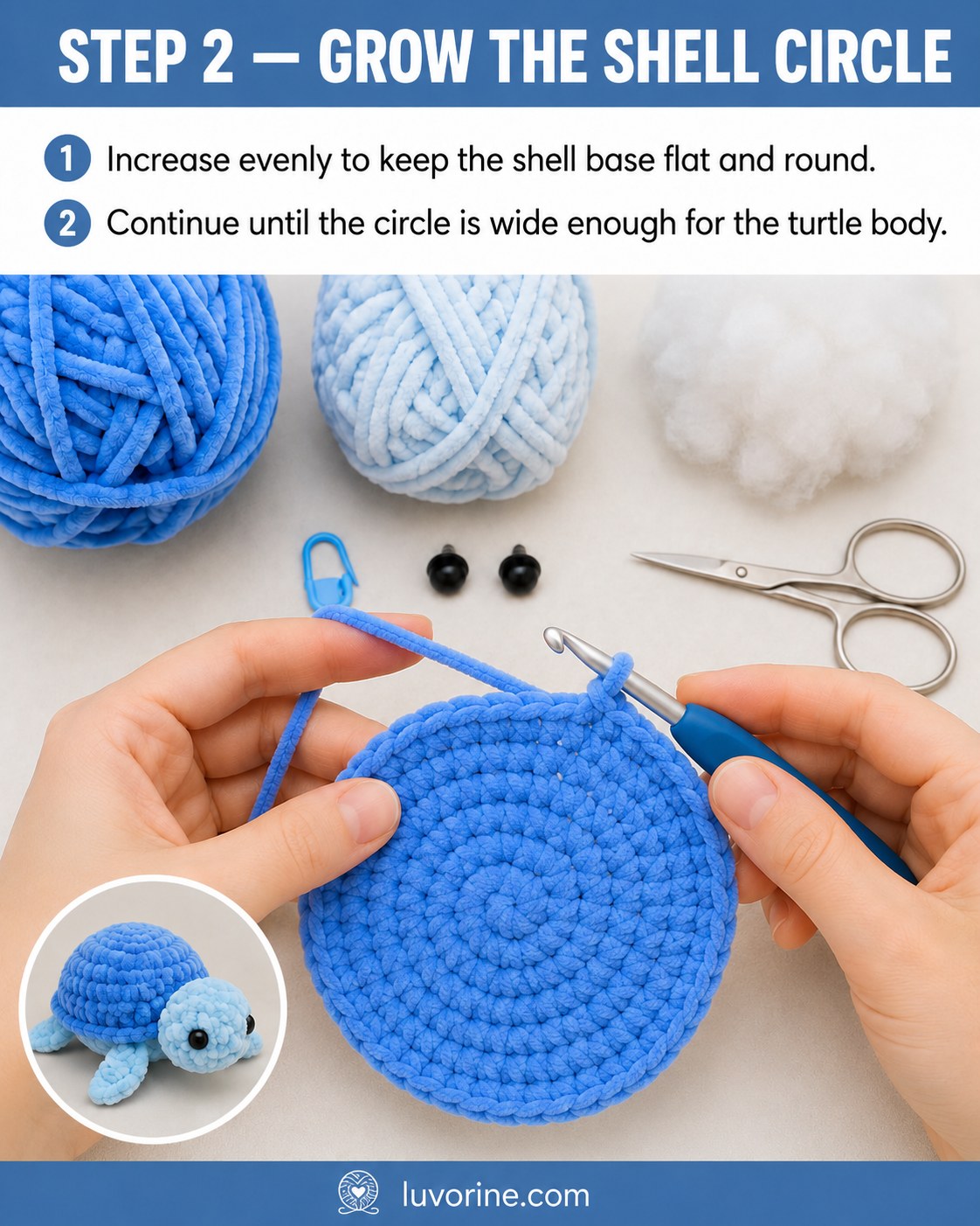 Crocheting the flat blue circle that becomes the base of this no-sew plush turtle shell