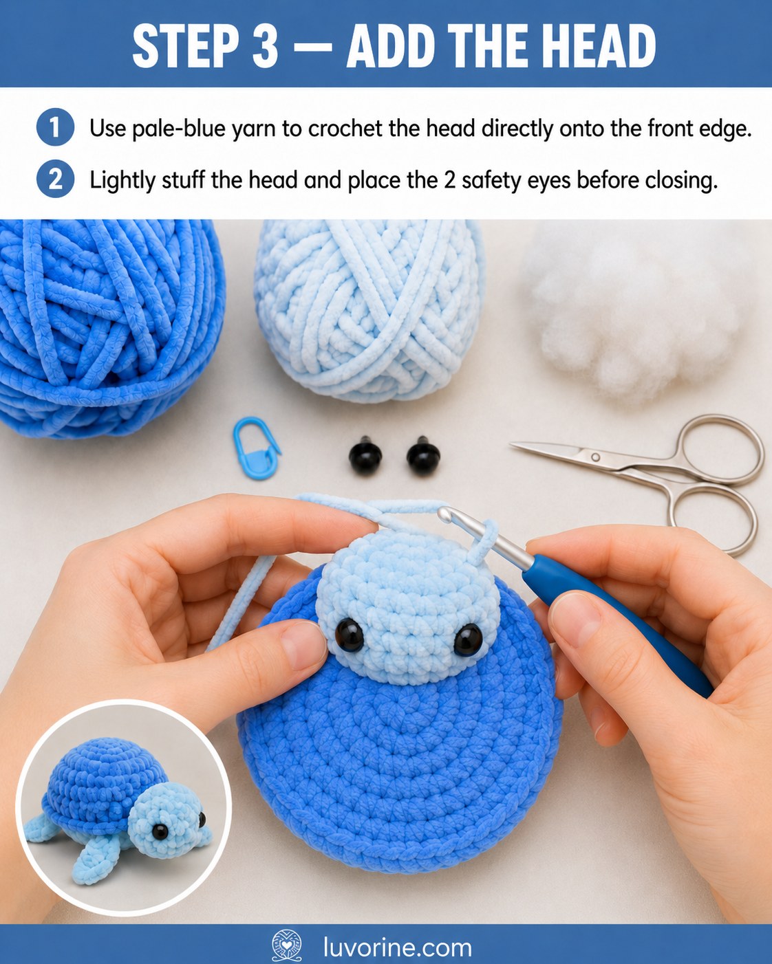 Adding a pale-blue crocheted head with safety eyes directly onto the no-sew plush turtle body
