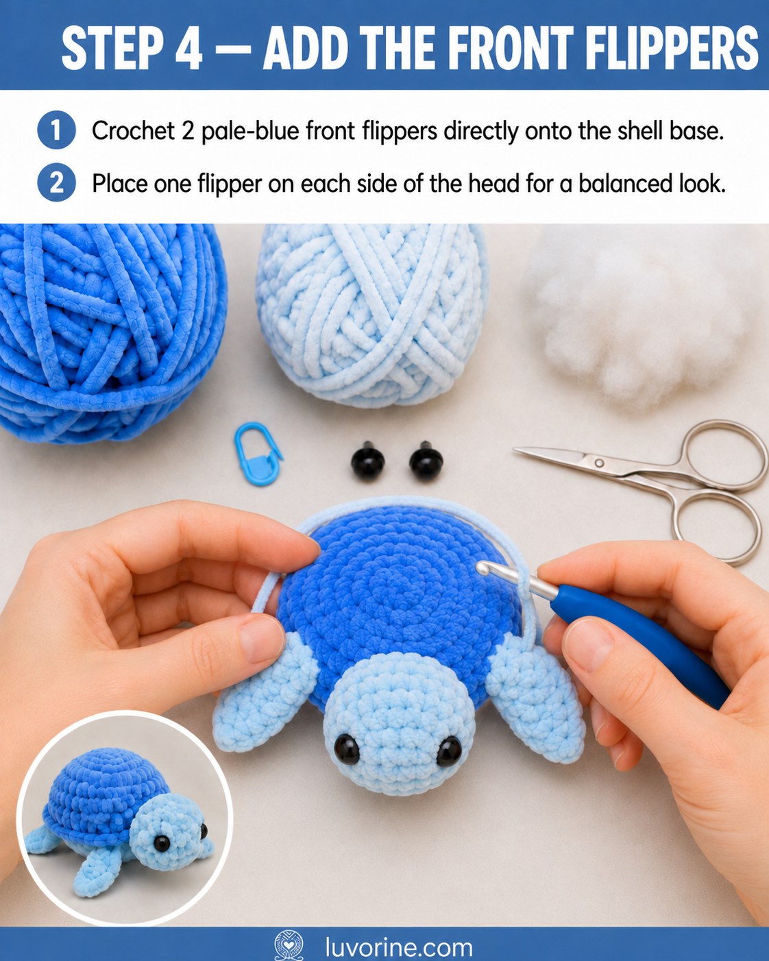Attaching two pale-blue front flippers straight onto the no-sew plush turtle shell base