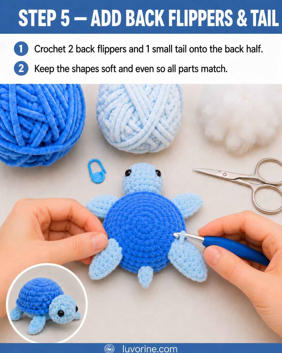 Crocheting the back flippers and small tail onto the no-sew plush turtle's body