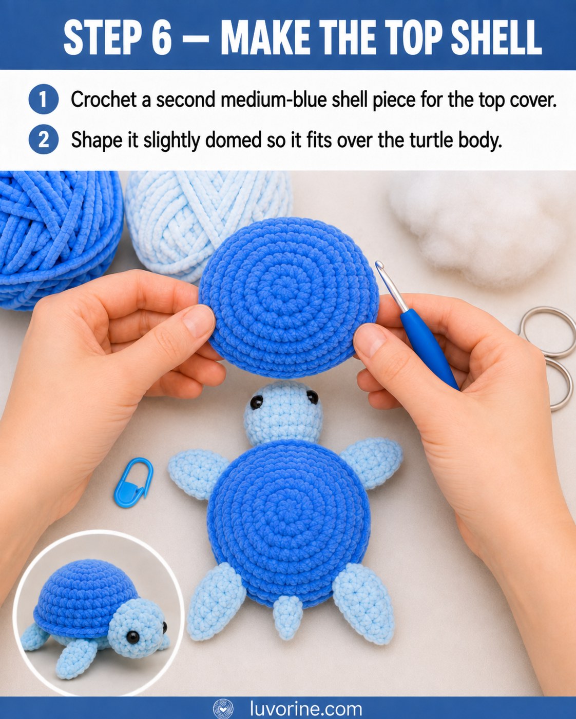 Shaping a domed medium-blue top shell piece for the no-sew plush turtle