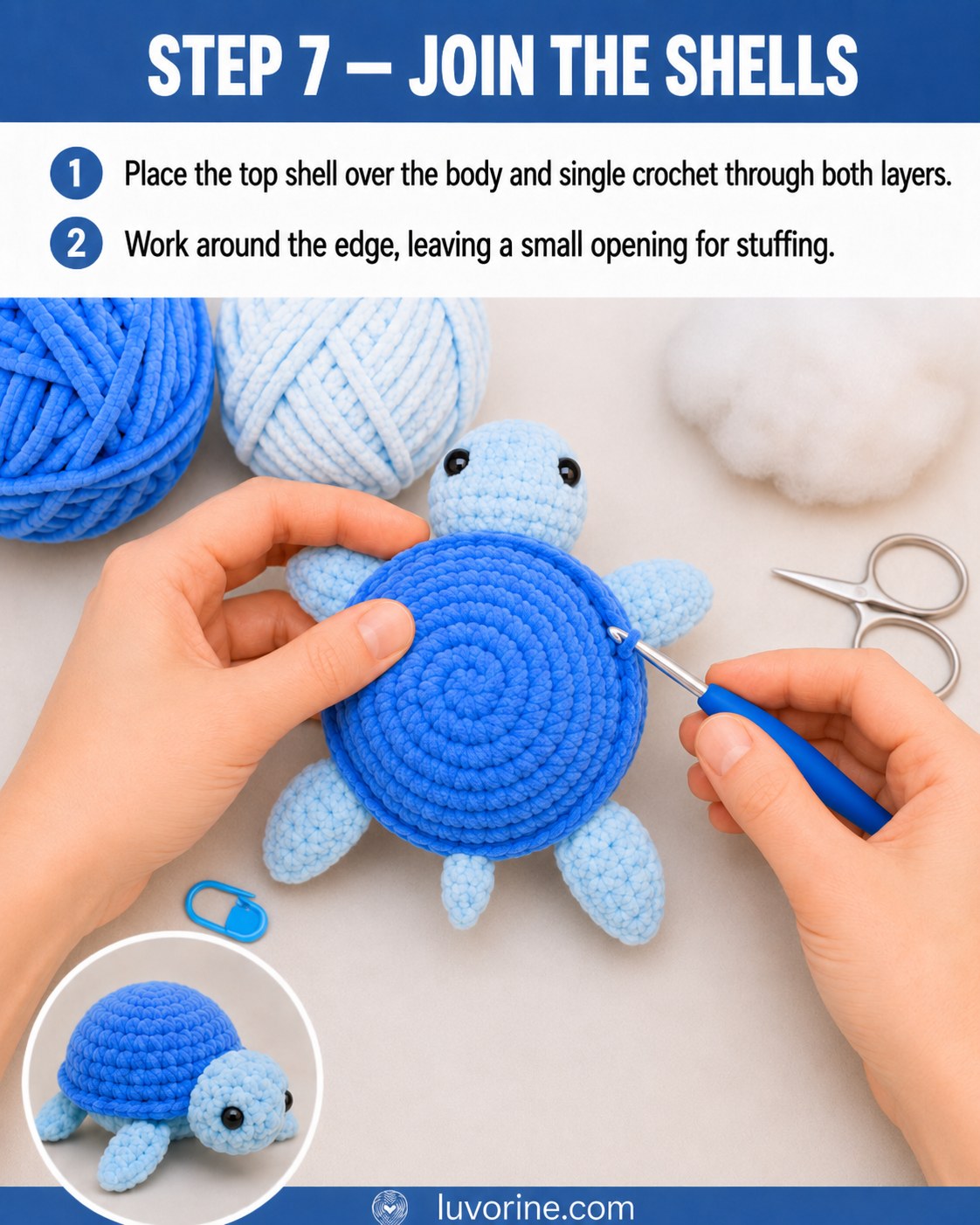 Single crocheting the top and bottom shells together on the no-sew plush turtle, leaving a gap