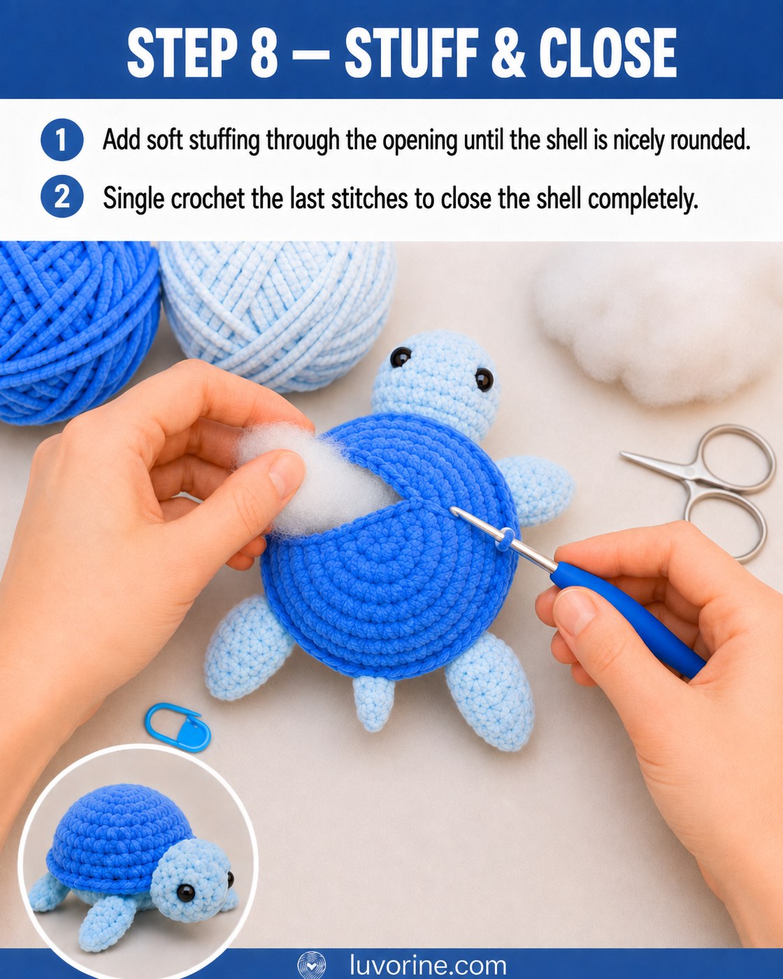 Stuffing the shell with polyester fiberfill before closing the no-sew plush turtle completely