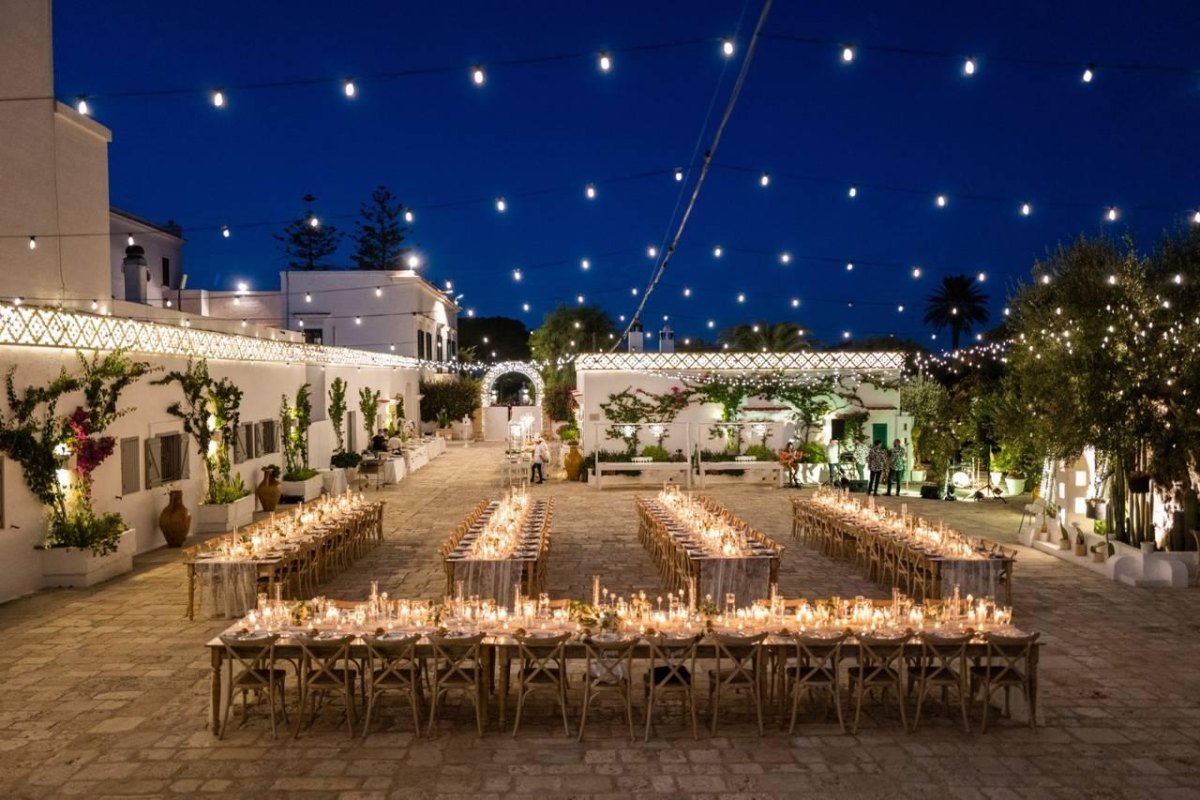 Outdoor candlelit wedding reception under stars