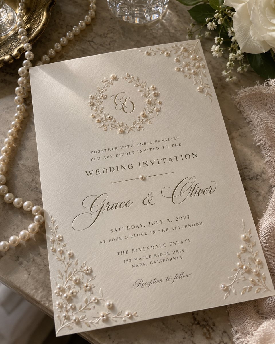 Pearl accent wedding card design