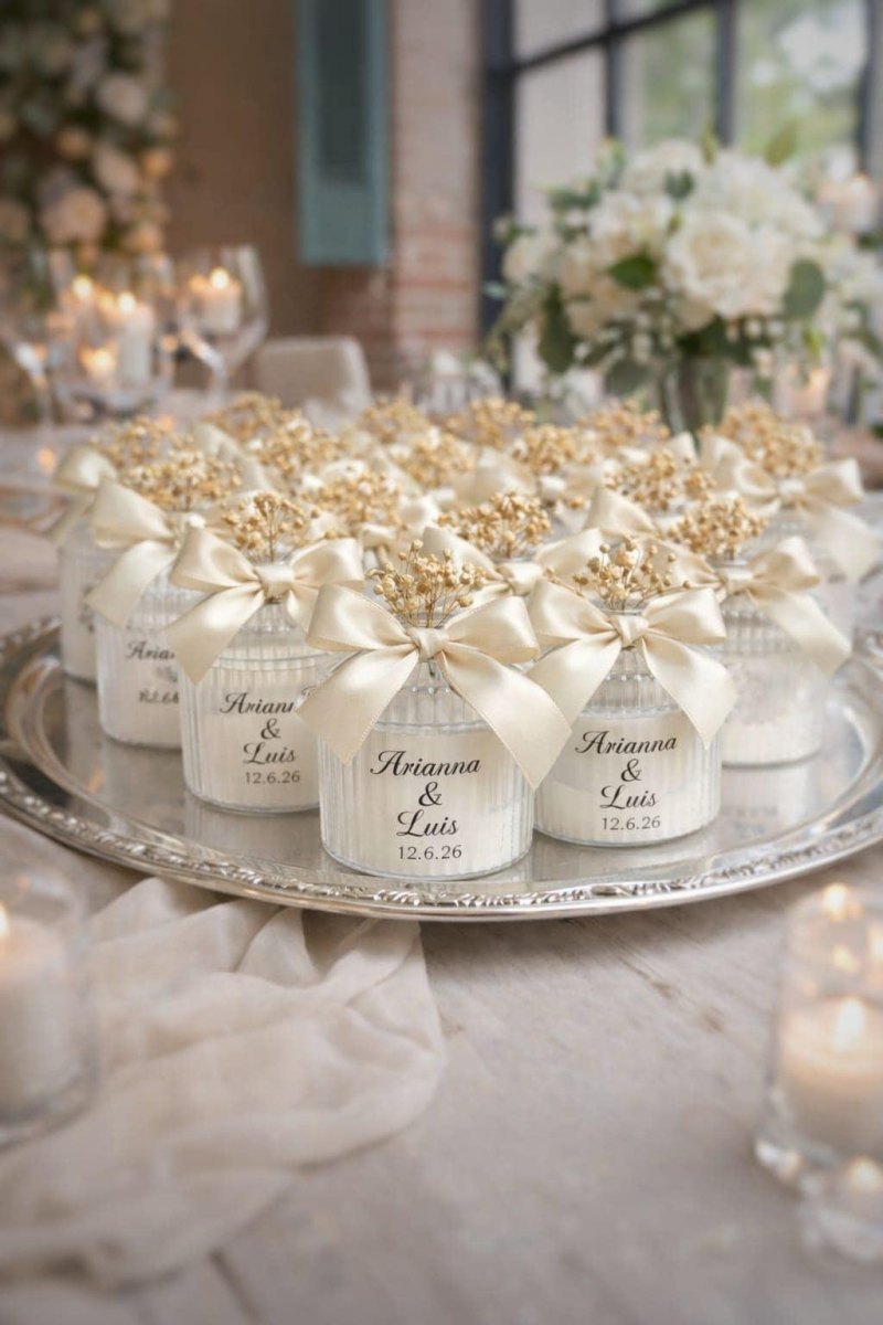 Personalized candle wedding favors display