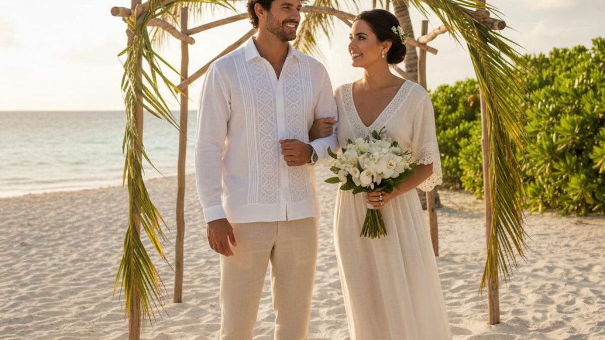 Affordable beach wedding dress and linen suit