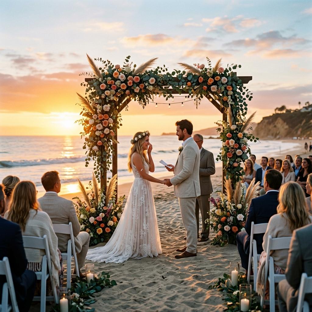 Couple having sunset beach wedding ceremony