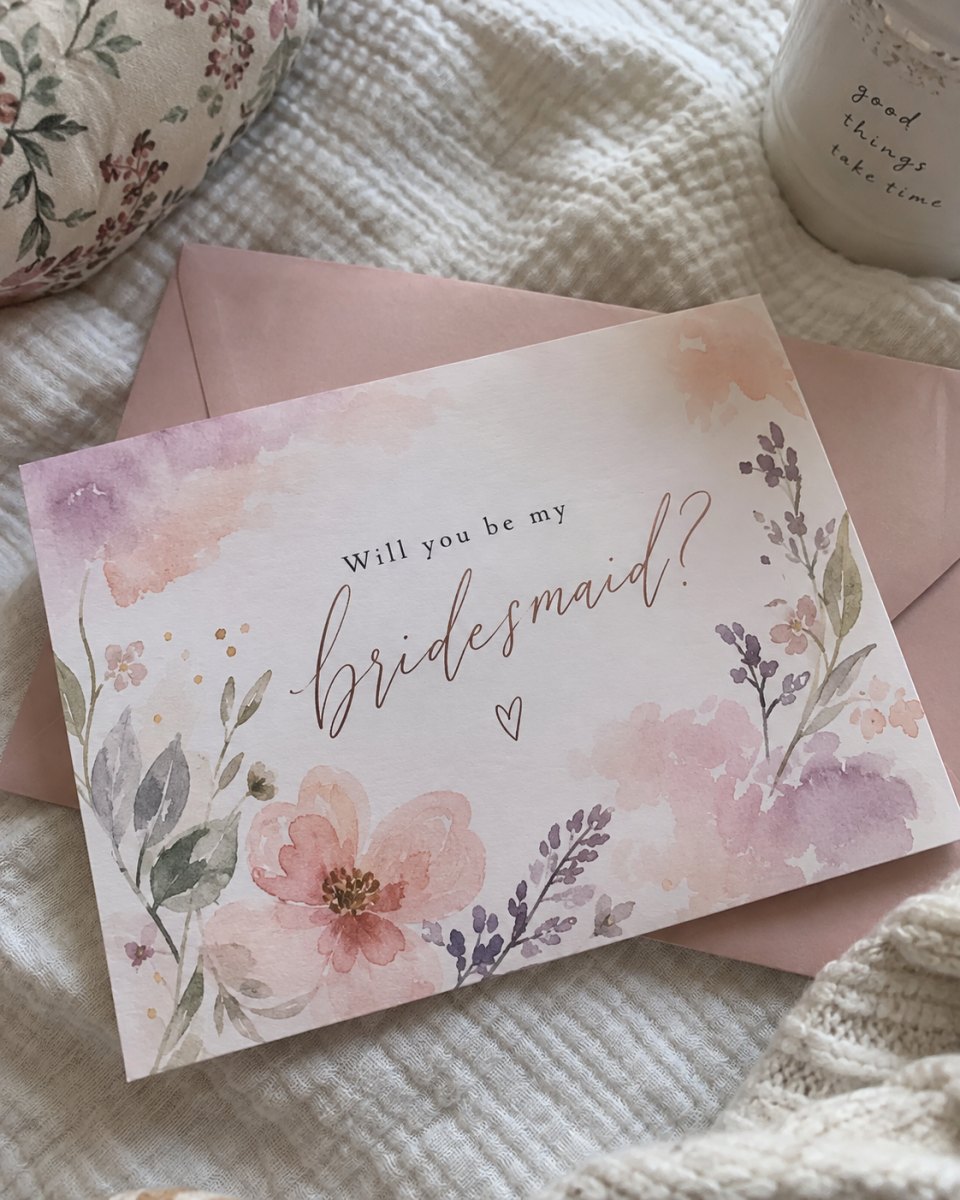 Watercolor bridesmaid proposal card with flowers