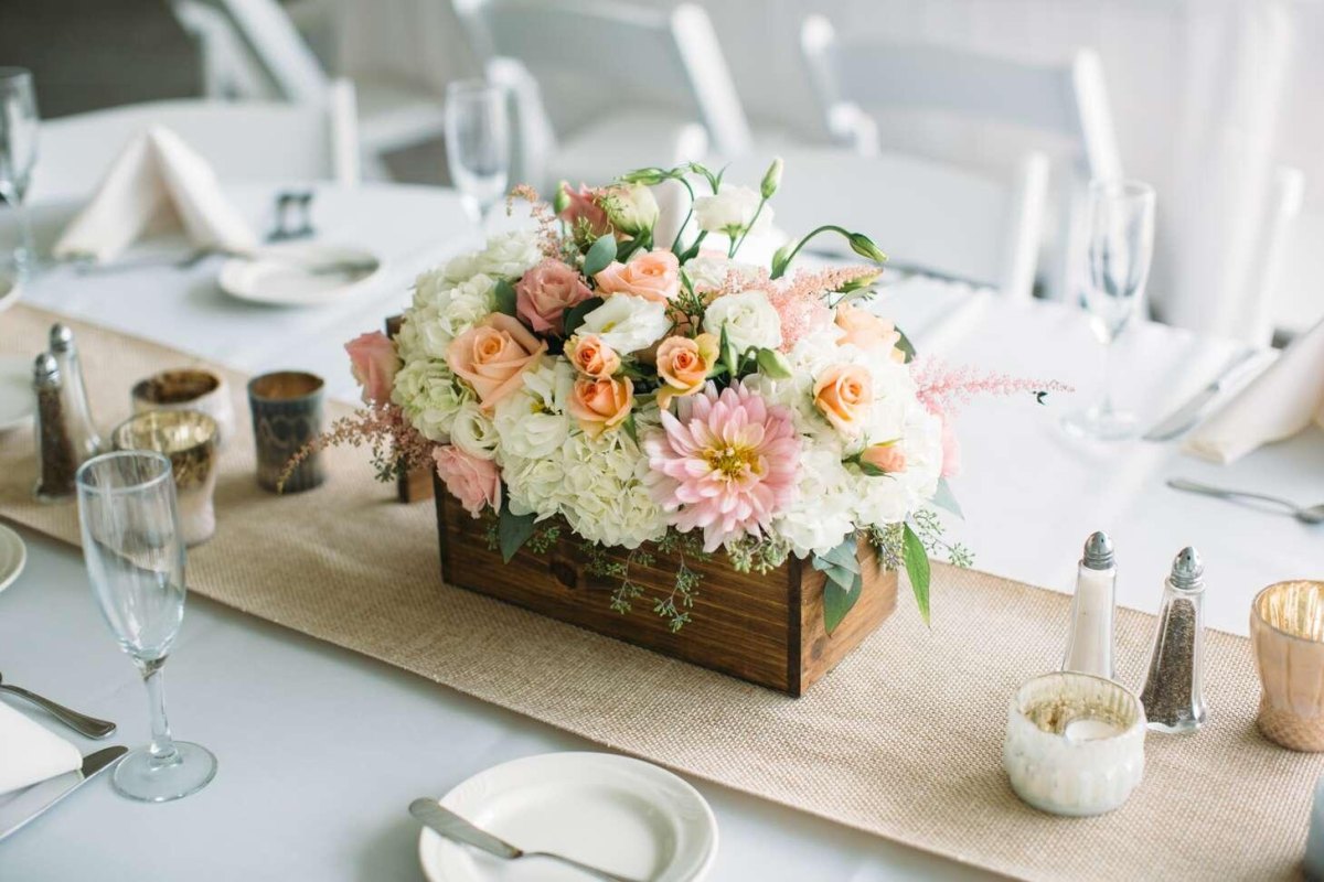 Rustic wooden box flower centerpiece
