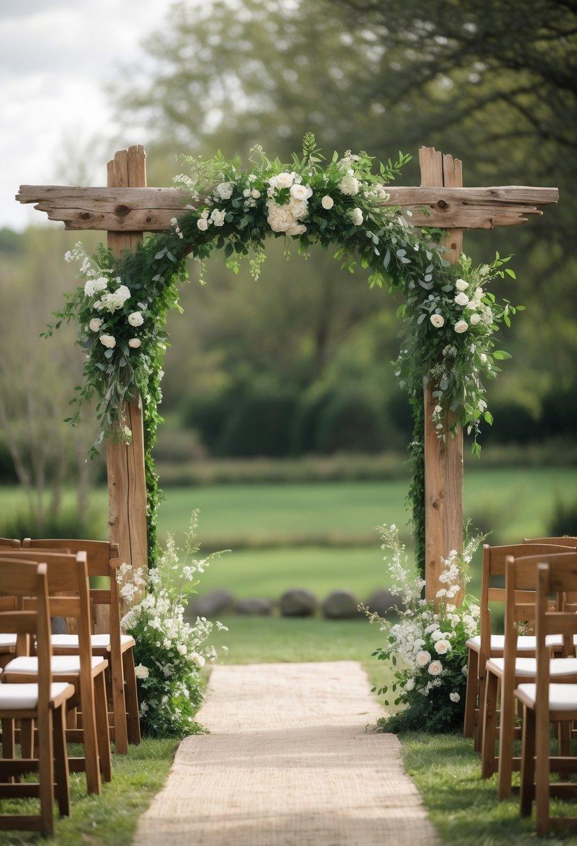 Rustic wooden arch decorated with greenery
