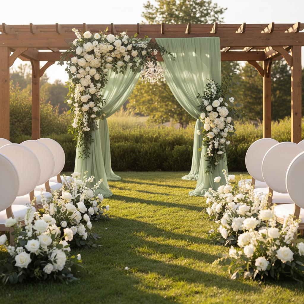 Sage white garden wedding setup
