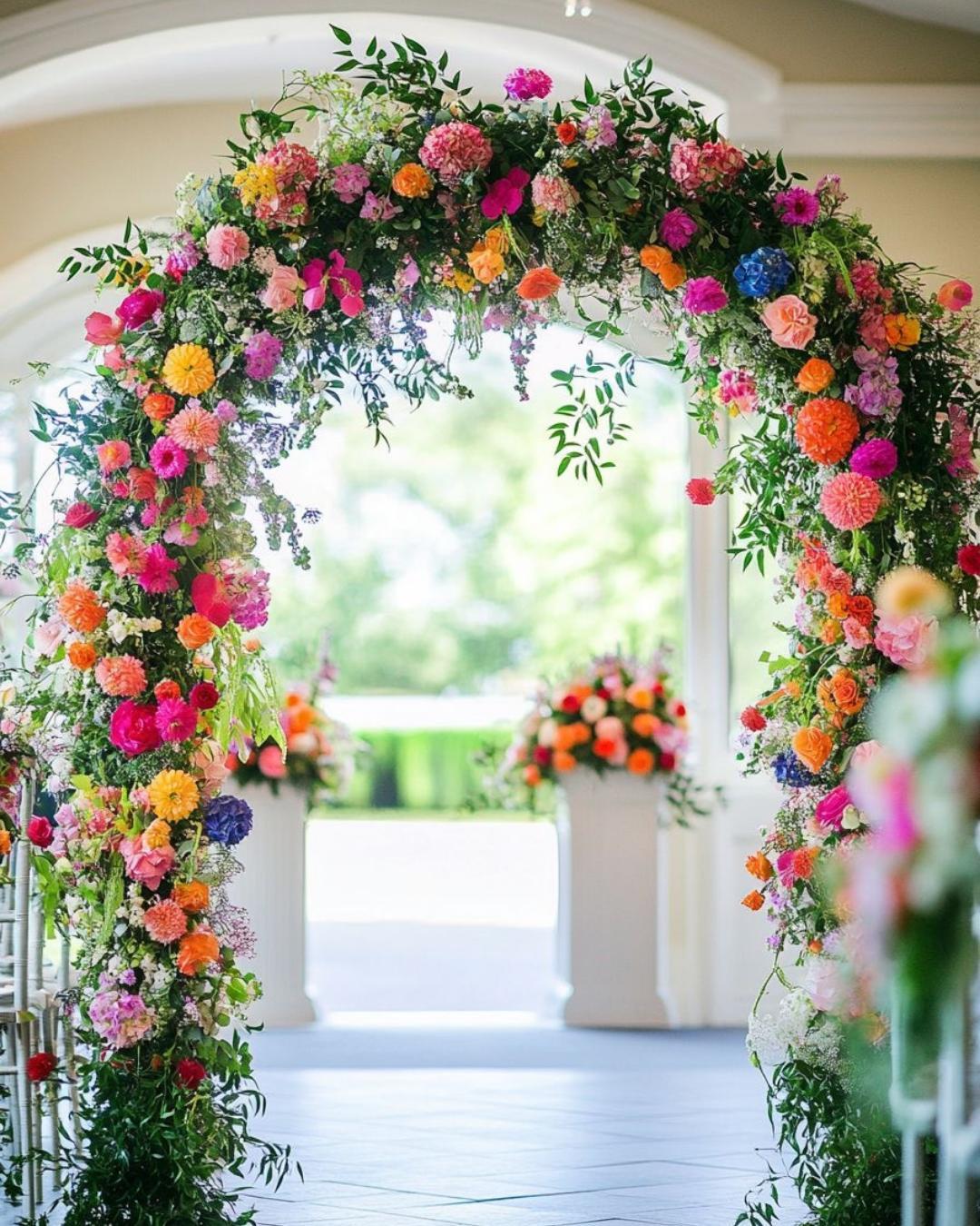 Seasonal flower wedding arch with blooms