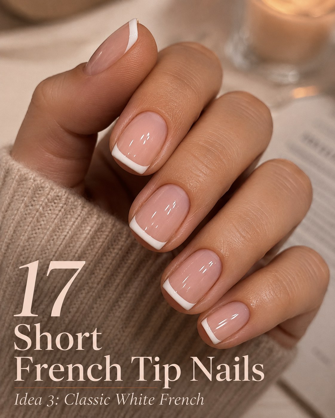 Classic short french tip nails with a crisp thin white line on a natural pink base