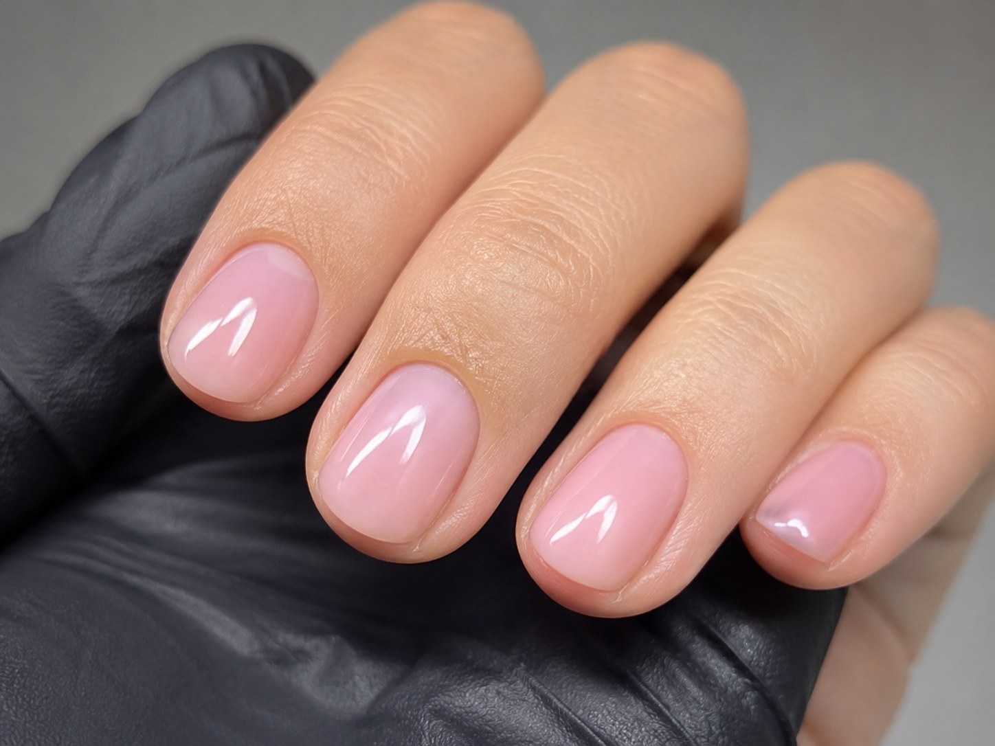 Short shellac nails in sheer natural pink shown fresh from application on an oval shape.