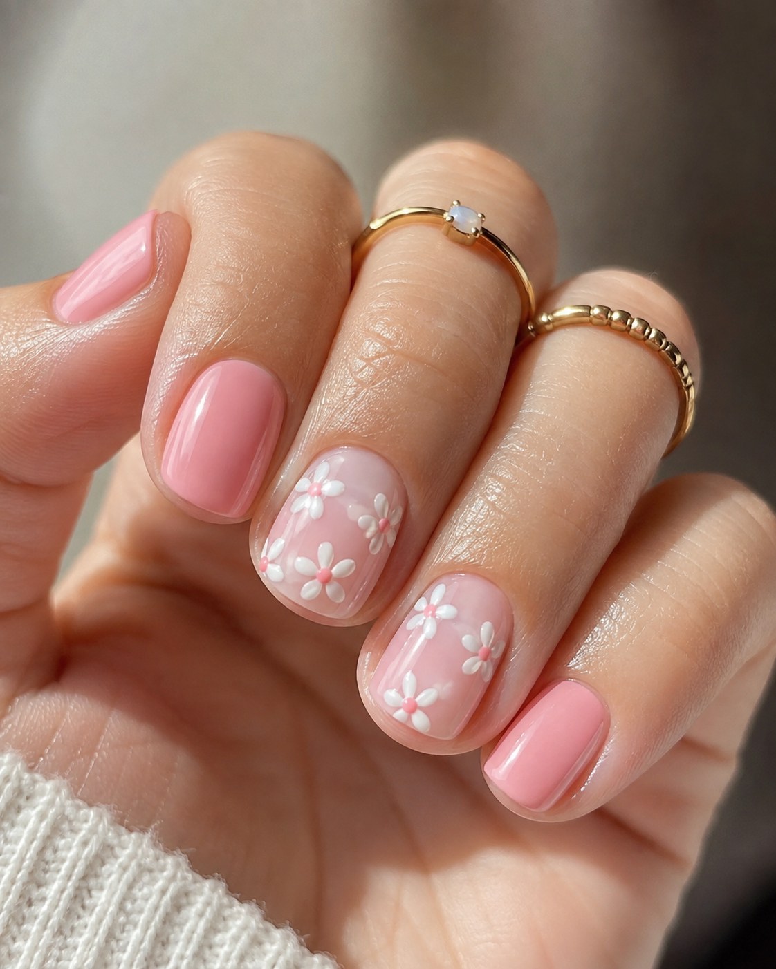 Short shellac nails in pink with hand-painted white daisy flowers on two sheer accent nails.