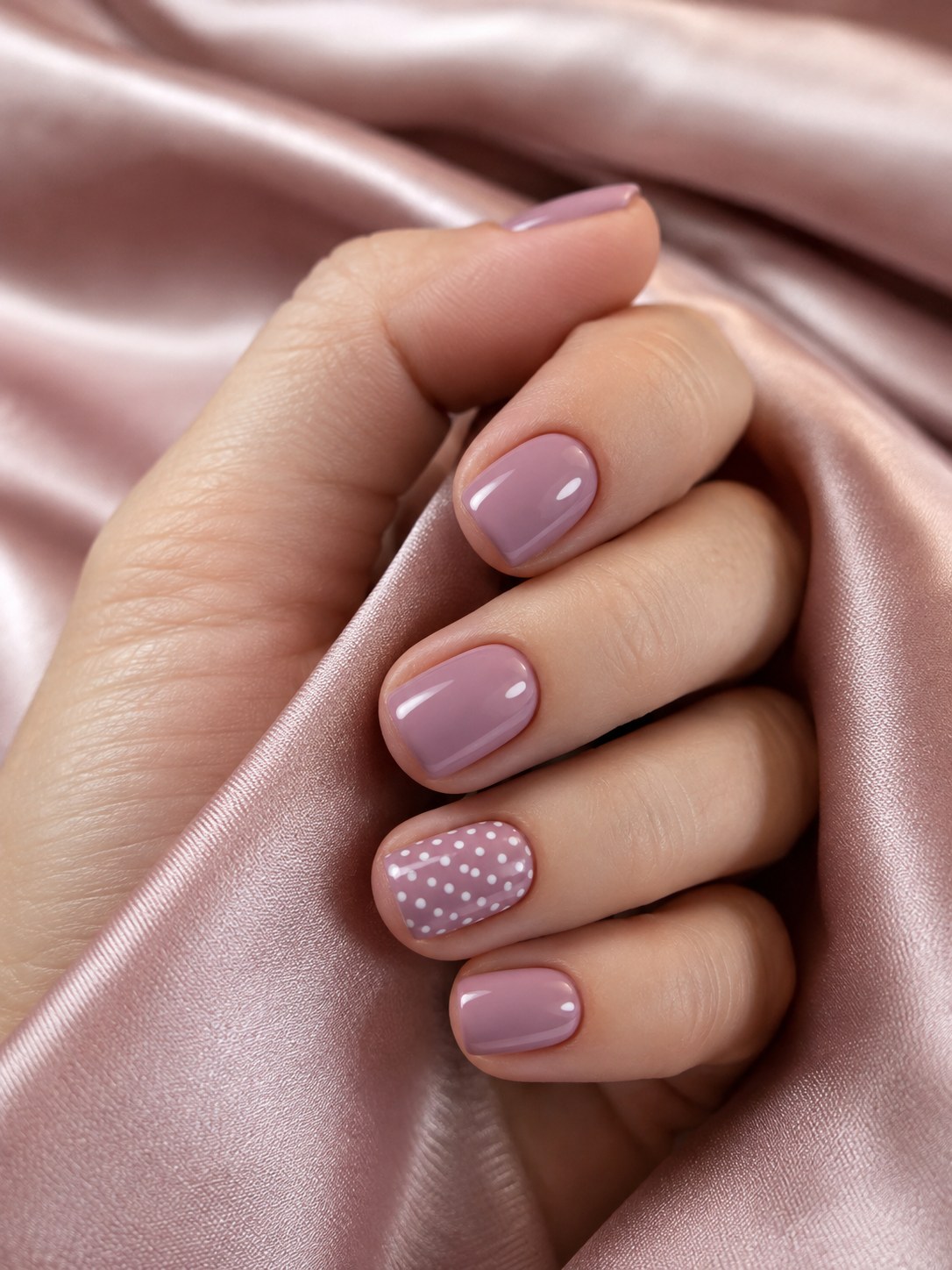 Short shellac nails in mauve with a polka-dot accent nail against pink satin fabric.