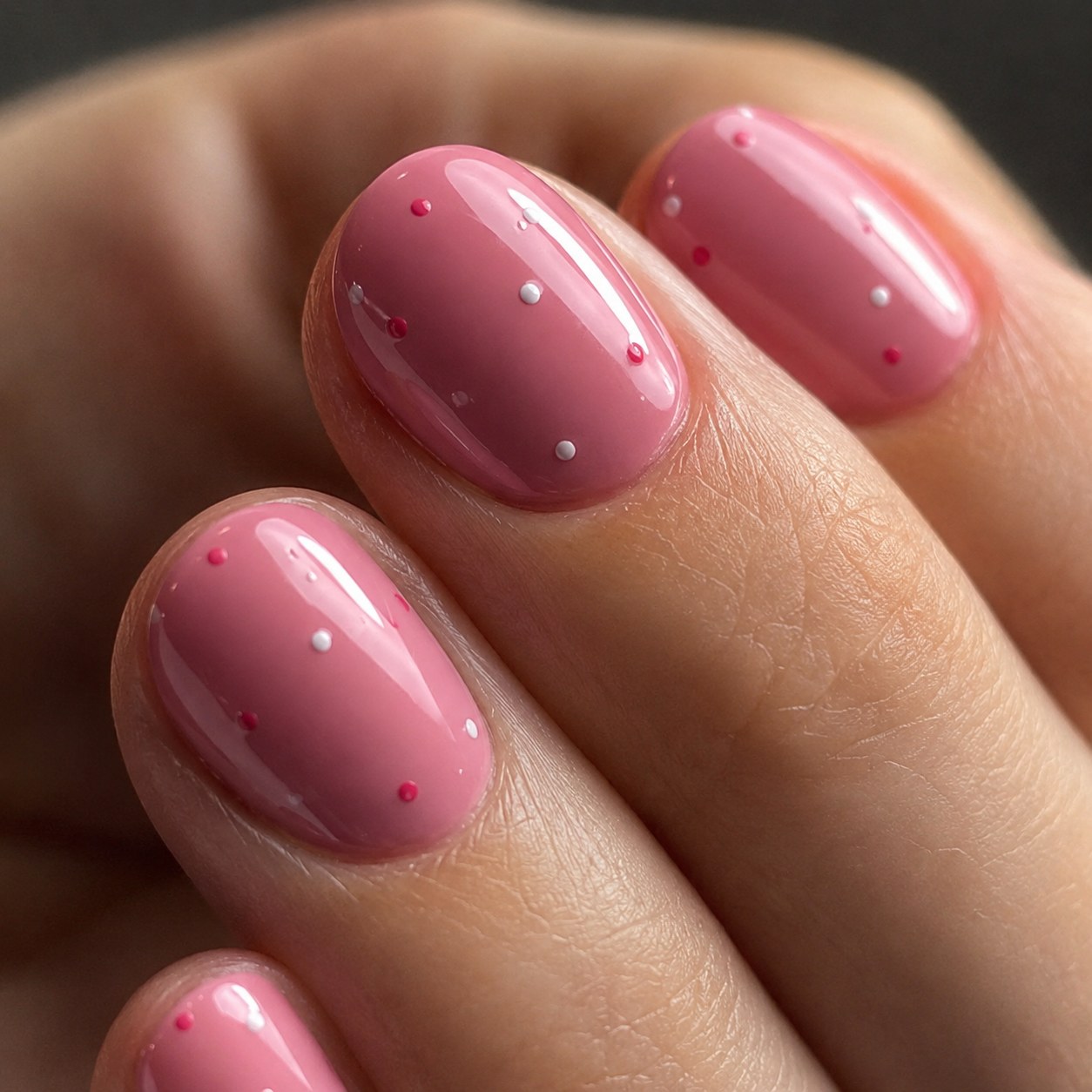Short shellac nails in dusty pink scattered with tiny red and white confetti dots.