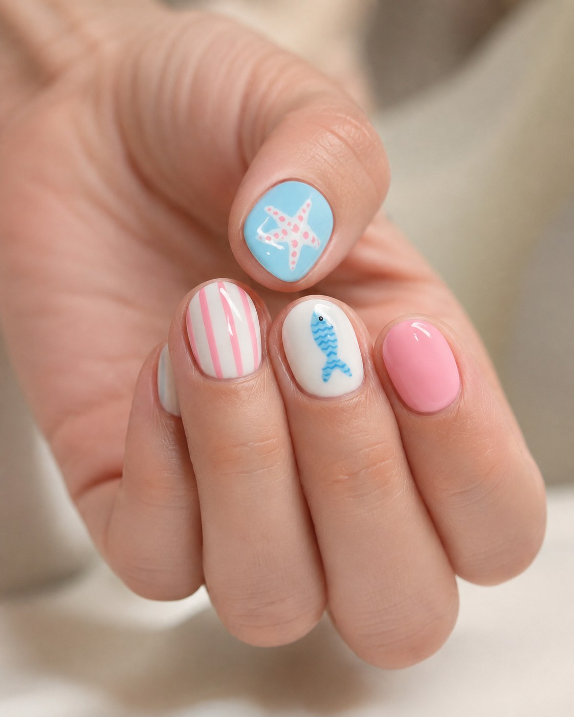 Short shellac nails styled with coastal nail art: starfish, stripes, and a painted fish.