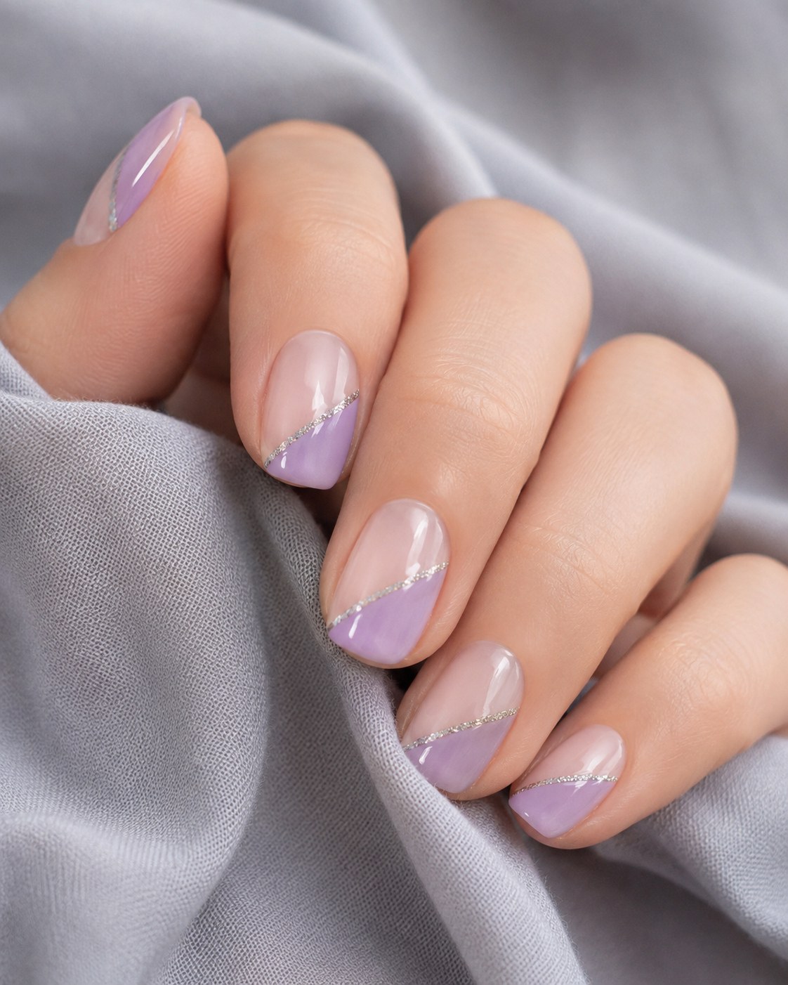 Short shellac nails with a diagonal lilac french design lined in silver glitter.