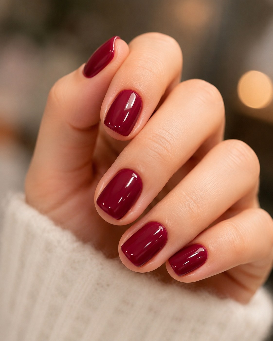 Short shellac nails in a deep glossy wine red against a cream knit sleeve.