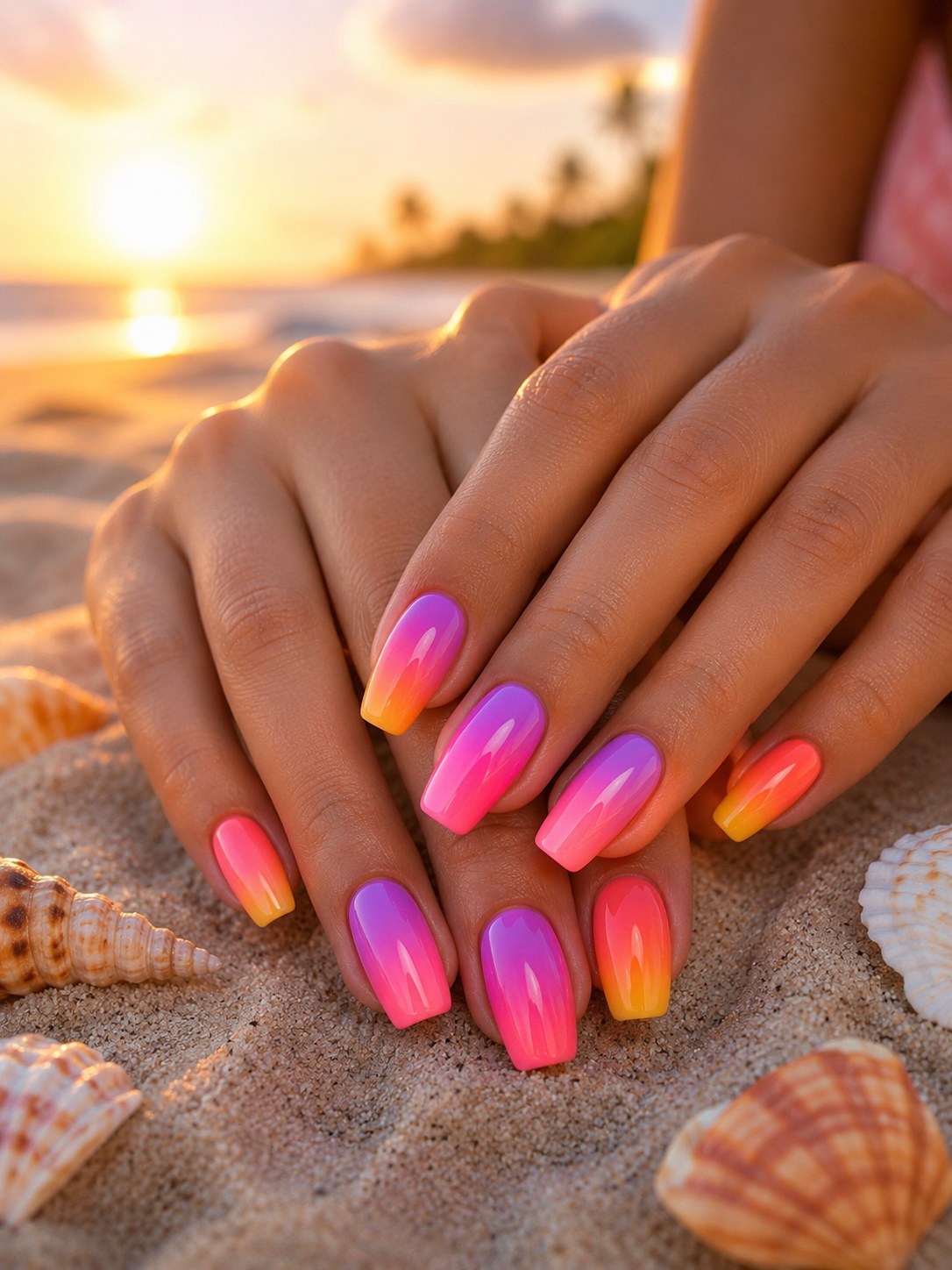 Sunset ombre nail art blending pink, purple and orange on long coffin-shaped nails.