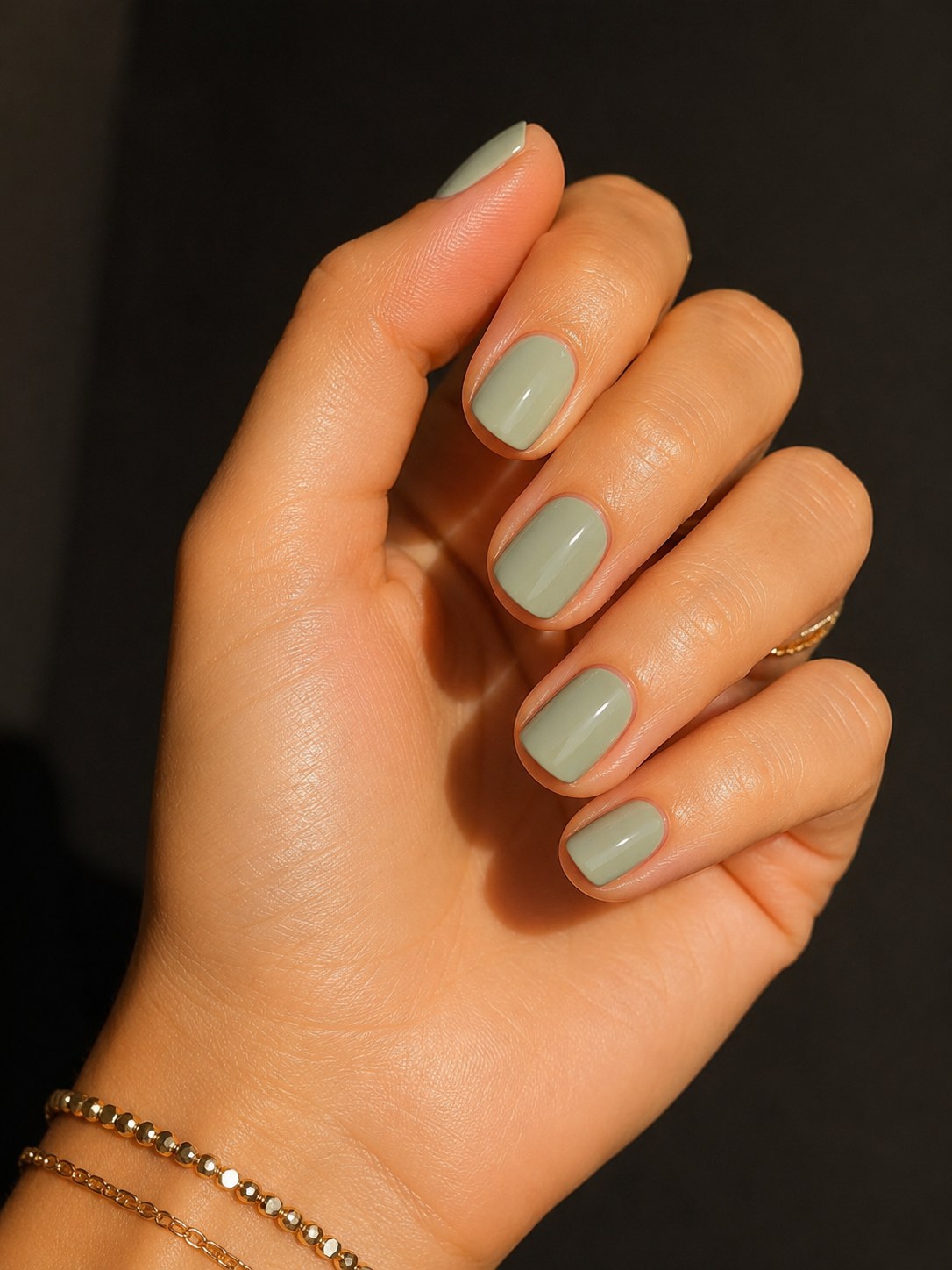 Sage green manicure on short nails, a quiet neutral pick among summer nail colors 2026.
