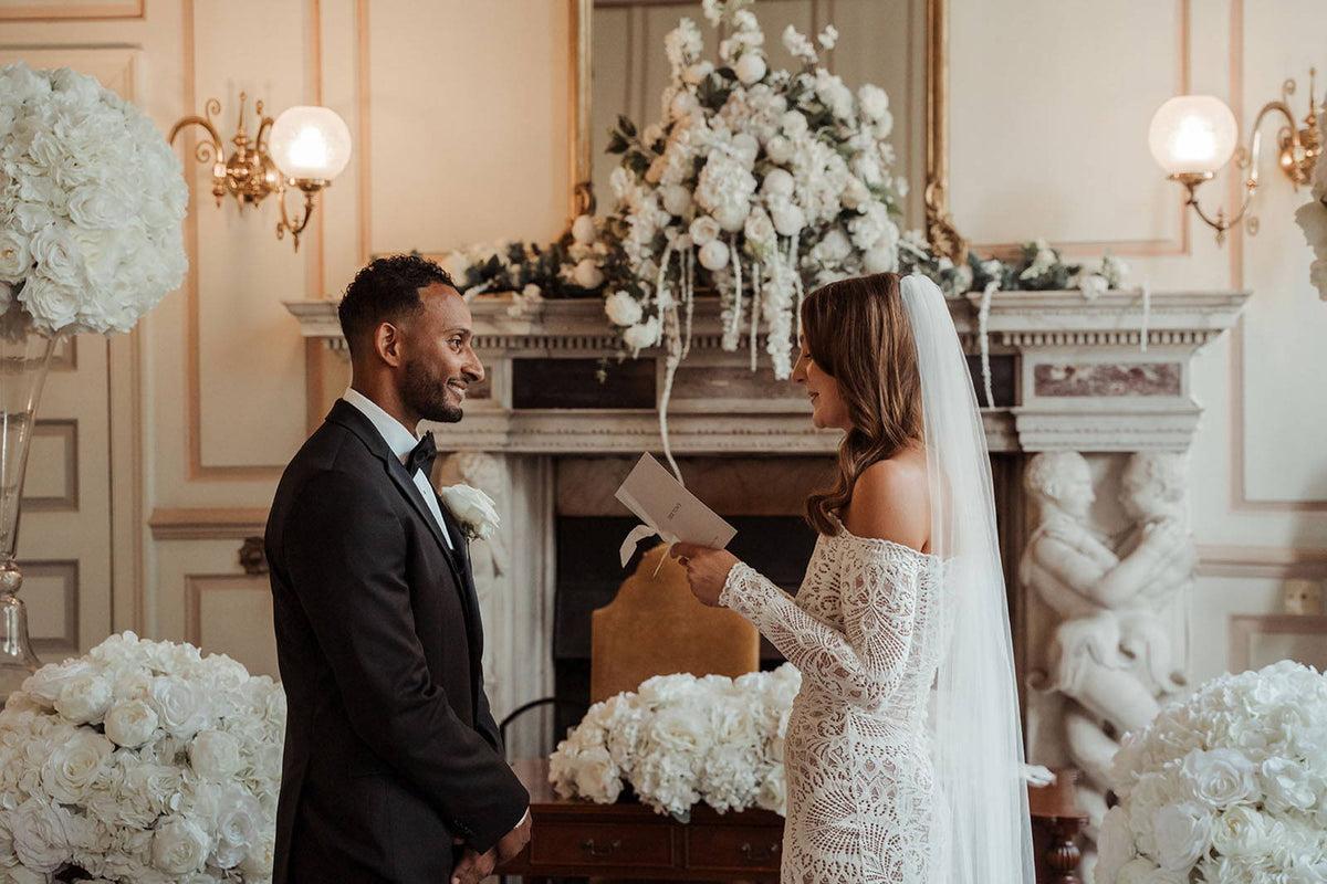 Traditional bride vow speech example during elegant indoor ceremony