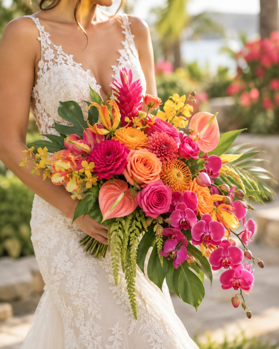 Fuchsia mango tropical wedding flowers