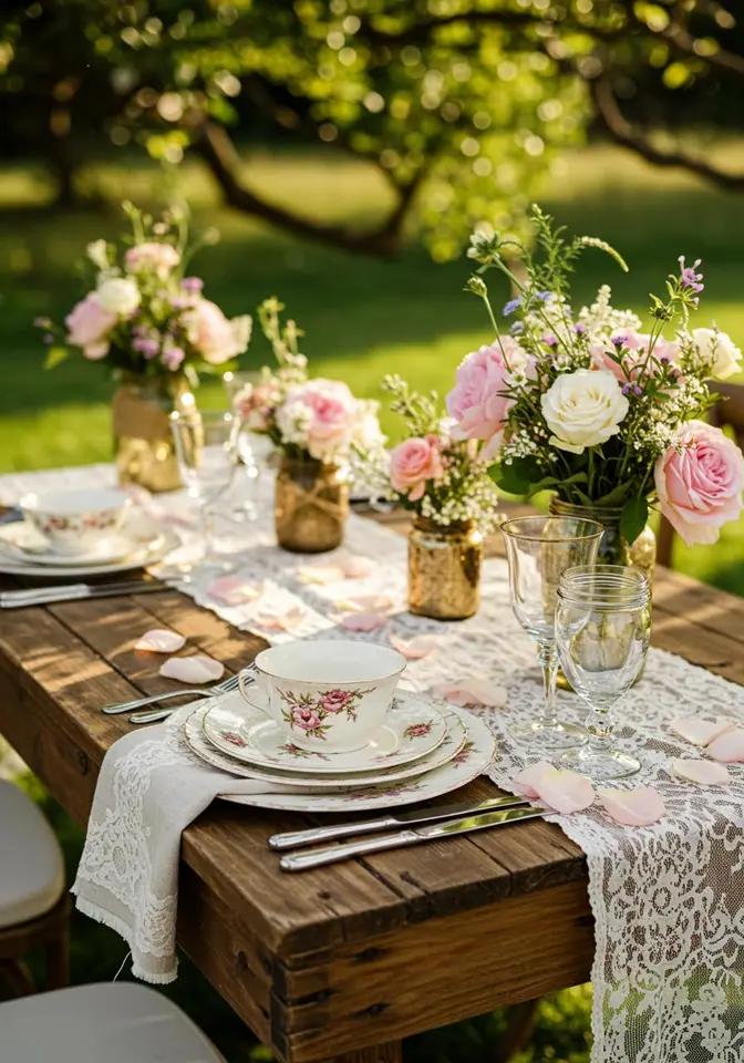 Vintage backyard wedding table decorations