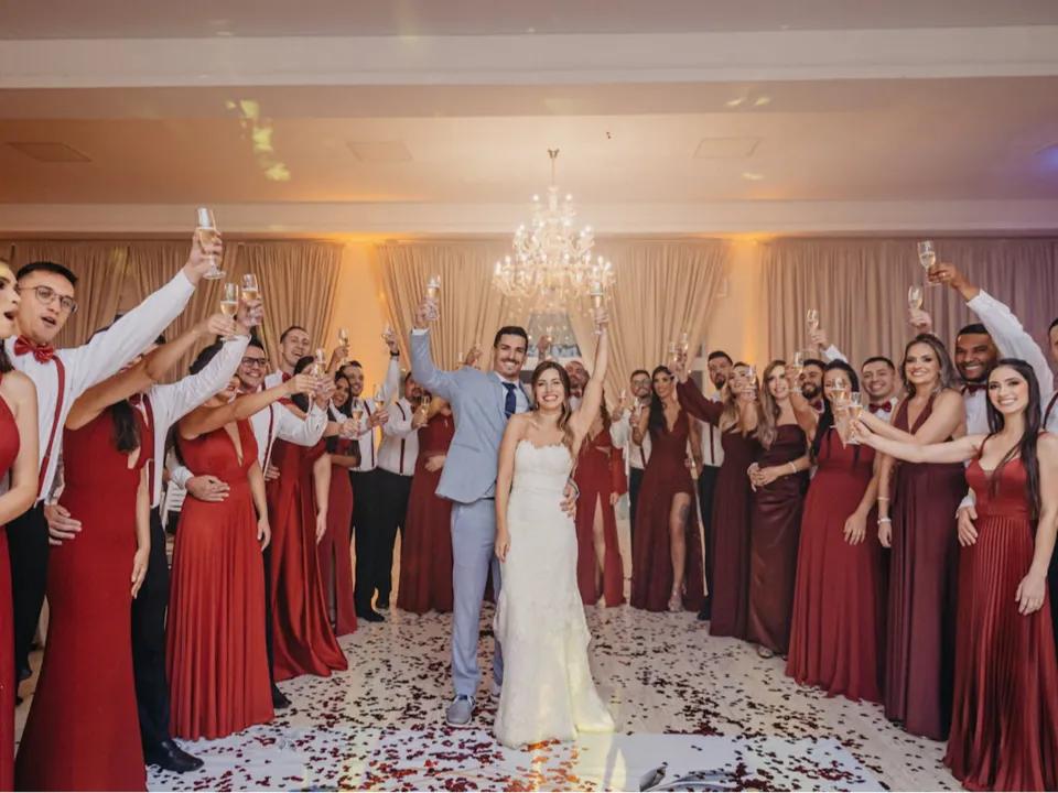 Wedding party celebrating together