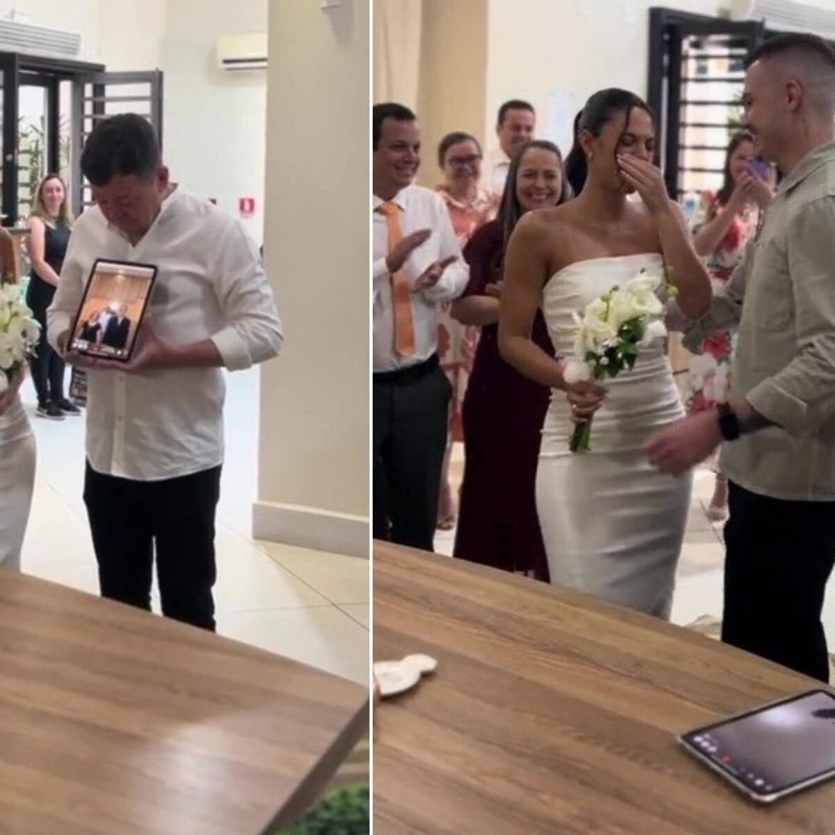 Long distance couple wedding ceremony